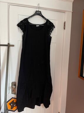 Black linen Midi Dress with Crochet Cap Sleeves